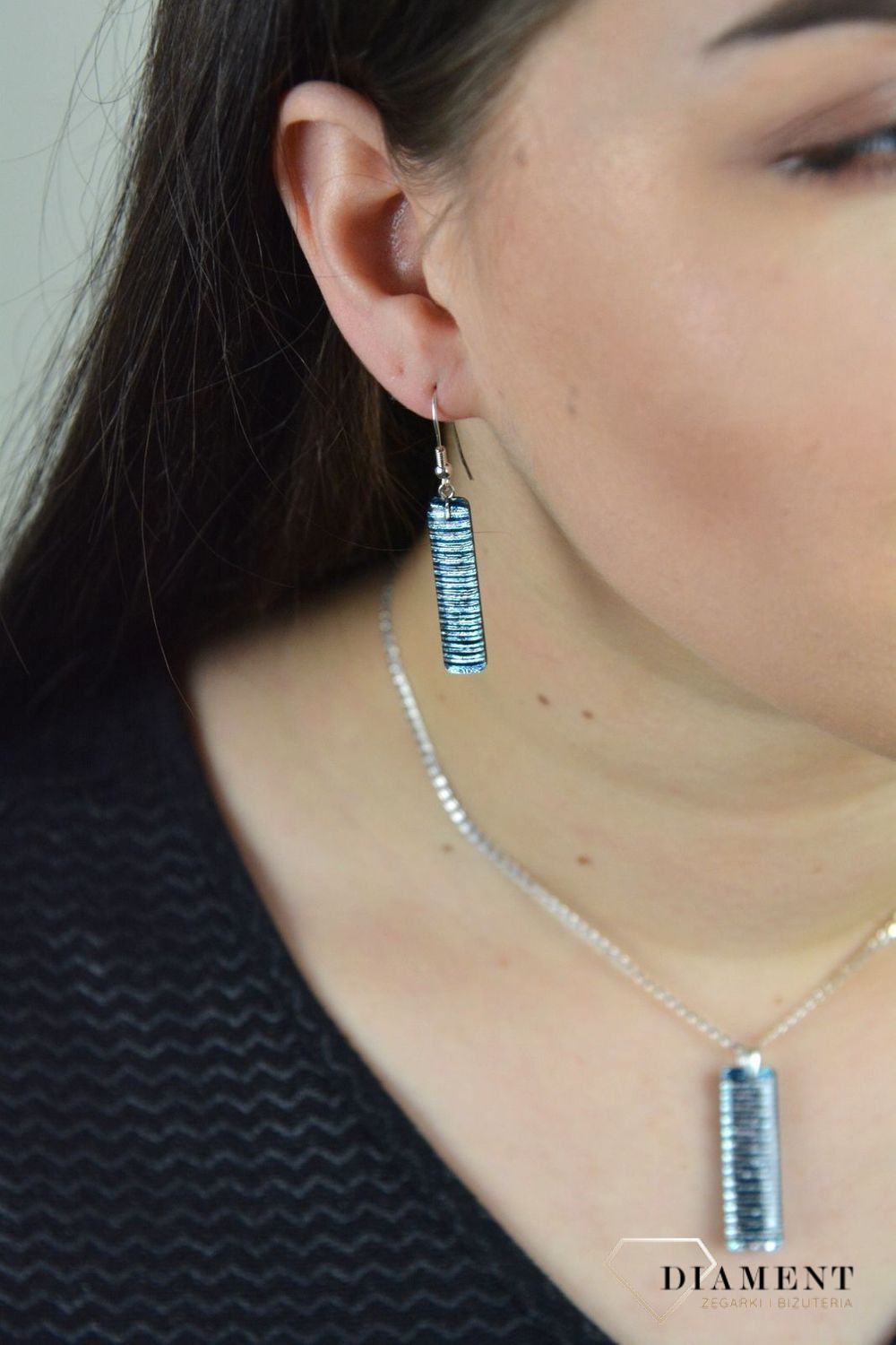 Srebrne kolczyki szkło weneckie 'Niebiesko srebrne paski' Murano 53.jpg